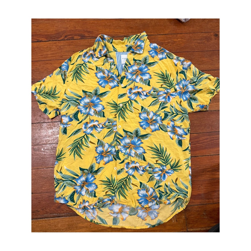 Denim & Flower Mens‎ Yellow Blue Hibiscus Floral Tropical Short Sleeve Shirt S